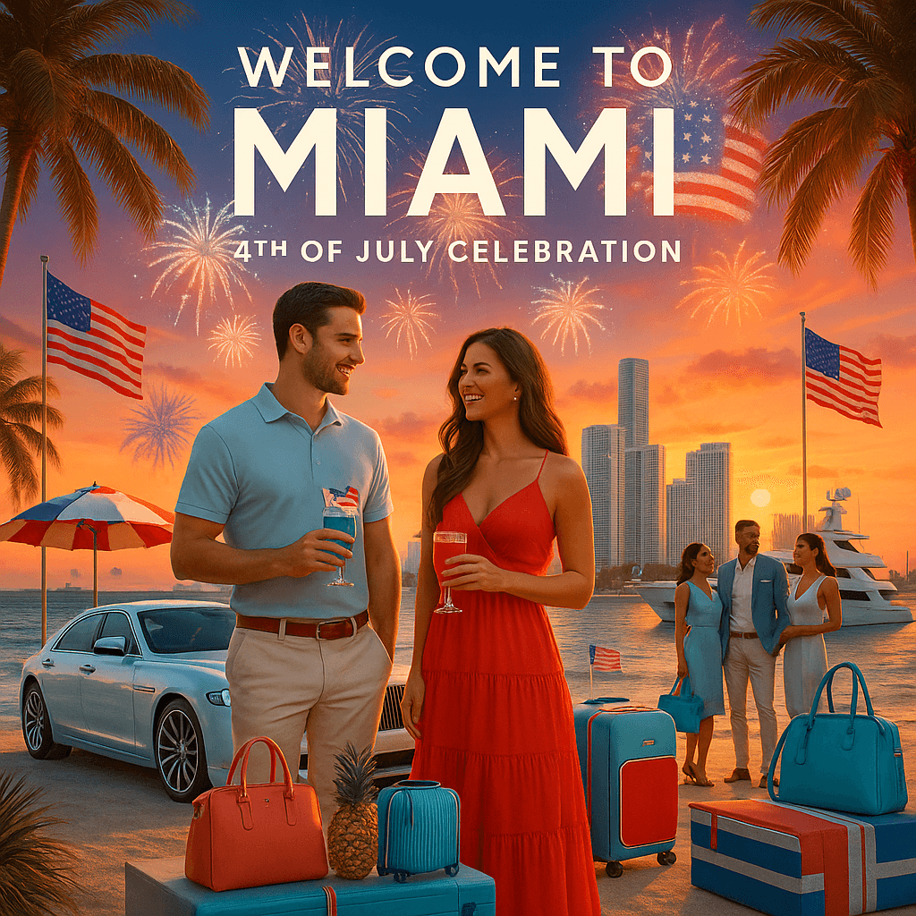 Colorful Fourth of July celebration in Miami Beach with fireworks, live music, and people enjoying the night by the ocean – perfect summer vibes in South Florida