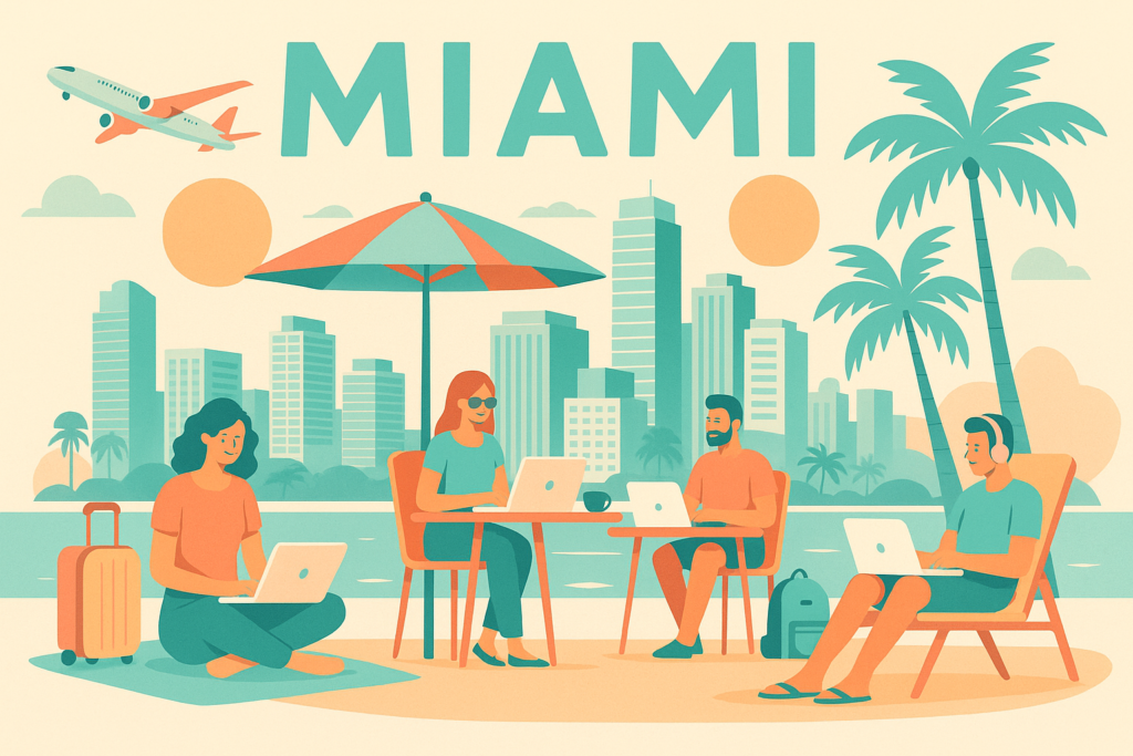 Digital nomads working from a coworking space in Miami with laptops and tropical vibes
